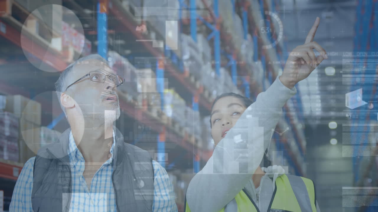 animación de estadísticas procesamiento de datos financieros sobre hombres y mujeres que trabajan en almacenes