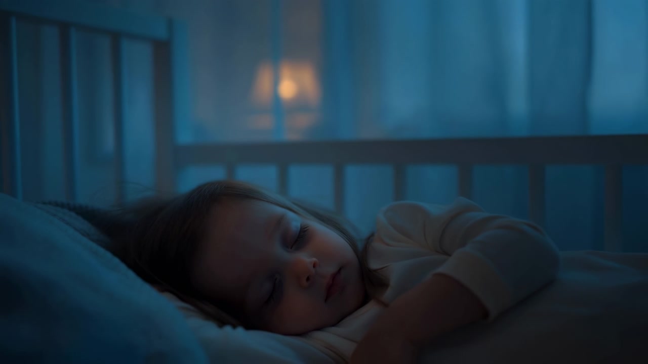 Close side view shows sleeping child remaining still beneath pale bedding, eyes closed and face relaxed, framed by white crib rails with cool blue shadows and distant warm light.