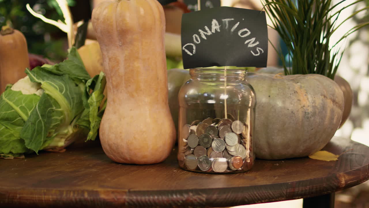 Donation Jar with Pumpkins and Vegetables