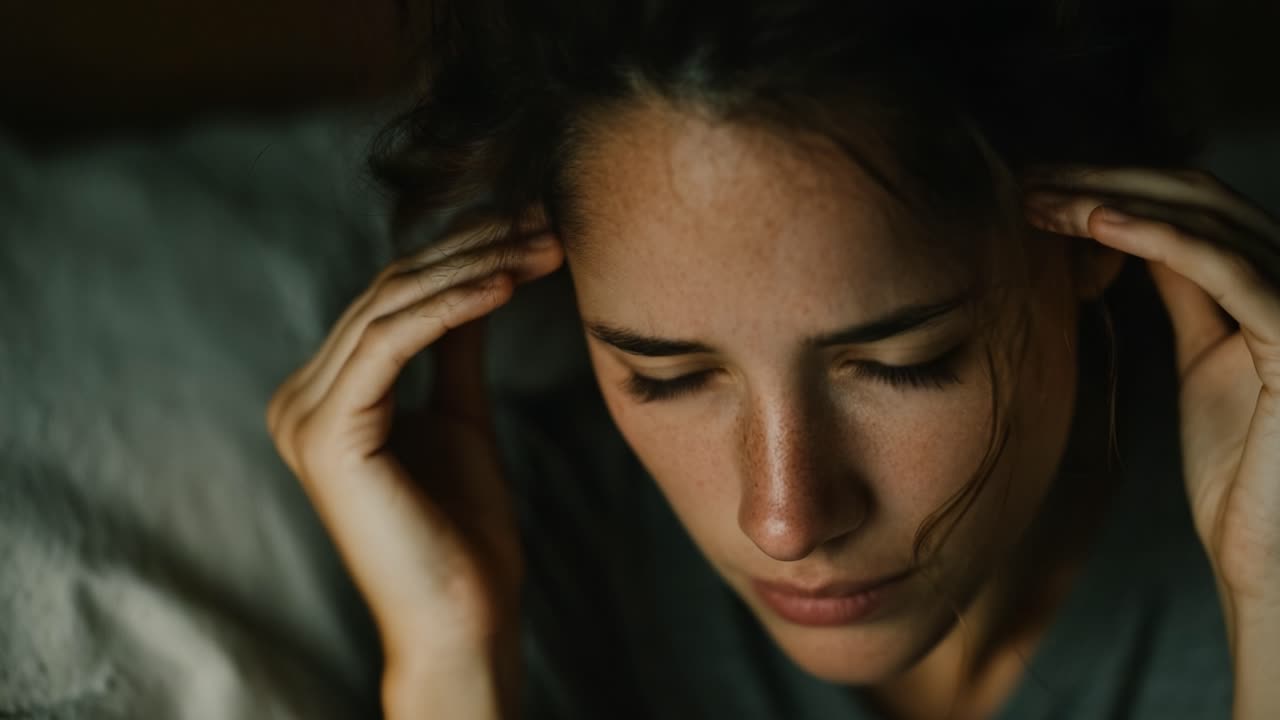 A Young Woman Expresses Emotional Distress While Holding Her Head, Capturing the Depth of Inner Turmoil and Mental Struggles in an Intimate Setting
