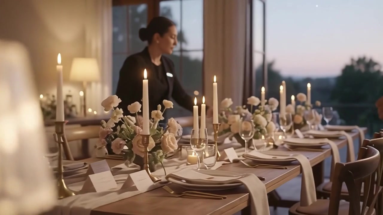 Event Staff Setting Up Elegant Dinner Table with Candles and Flowers