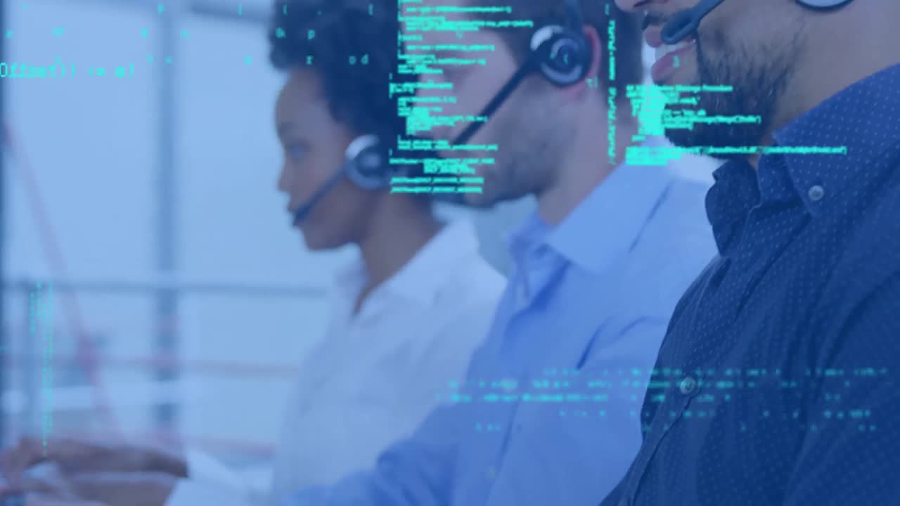 Animation of data processing over diverse business people using phone headsets