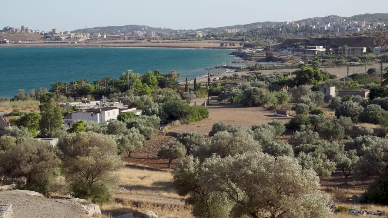 Mediterranean landscape with olive trees and ocean bay