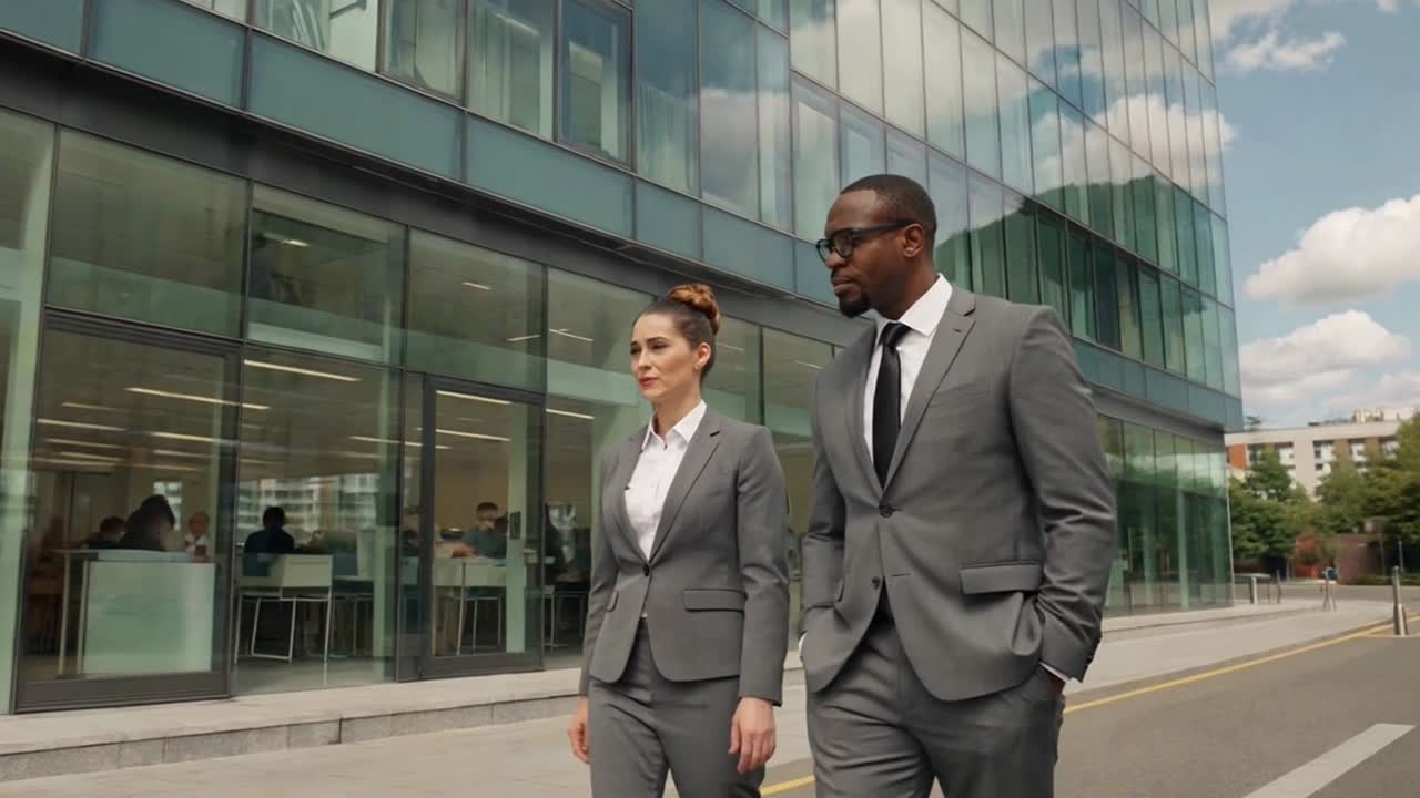 Diverse Business Colleagues Walking and Talking Outside a Modern Office Building