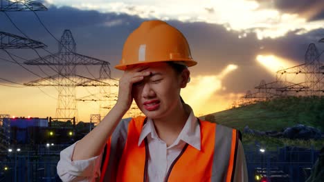 primer plano de una ingeniera asiática con casco de seguridad que tiene dolor de cabeza mientras trabaja cerca de una torre de alto voltaje