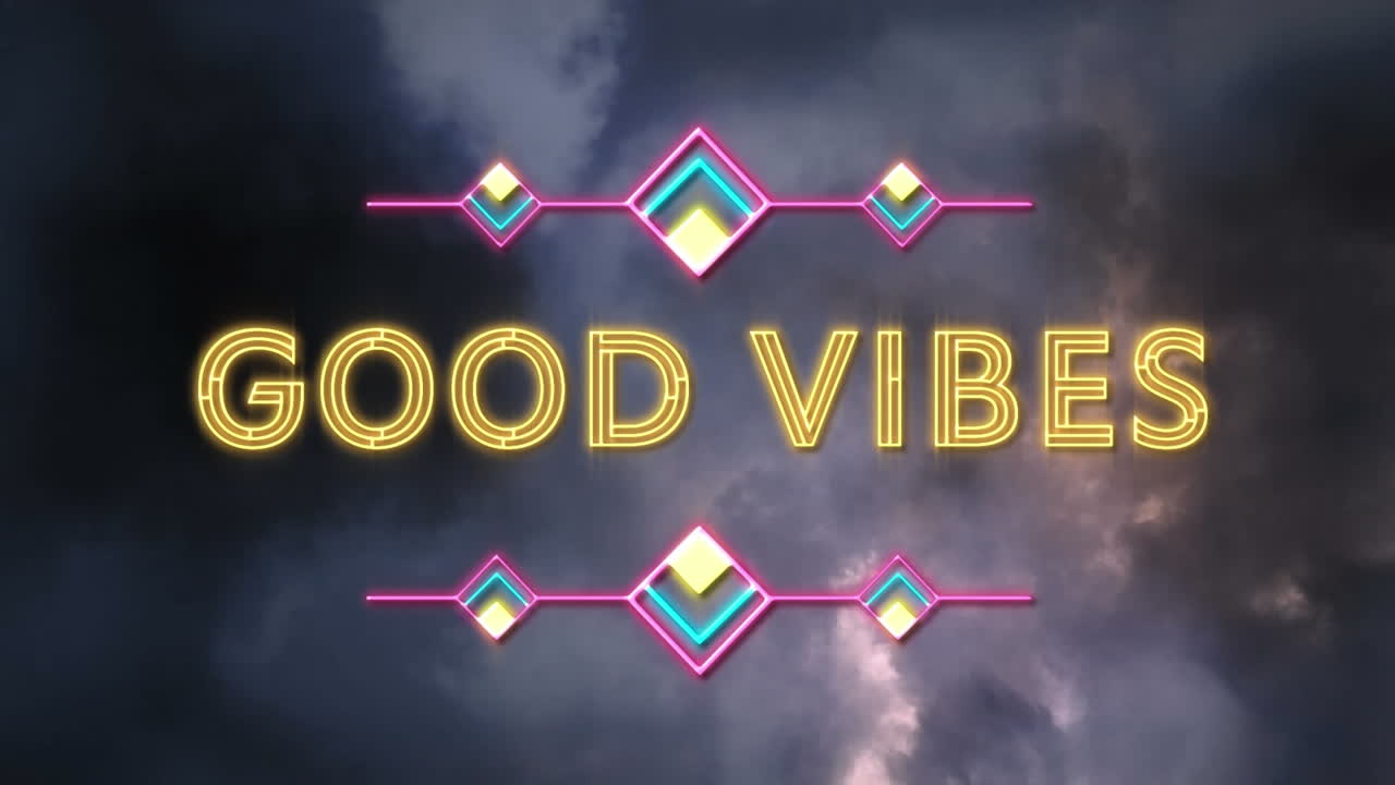 animación de texto de buenas vibraciones con formas de neón sobre nubes en el fondo