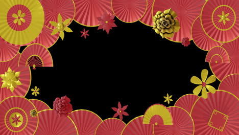 Animation-of-chinese-red-and-gold-pattern-with-copy-space-on-black-background