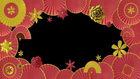 animación de patrón chino rojo y dorado con espacio de copia en fondo negro
