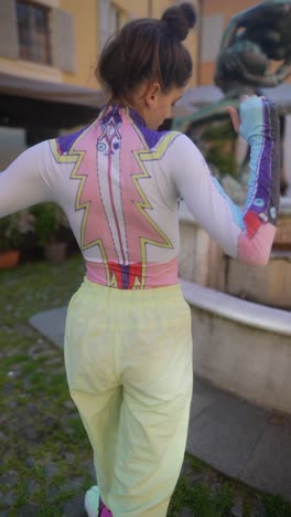 young woman in trendy colorful outfit