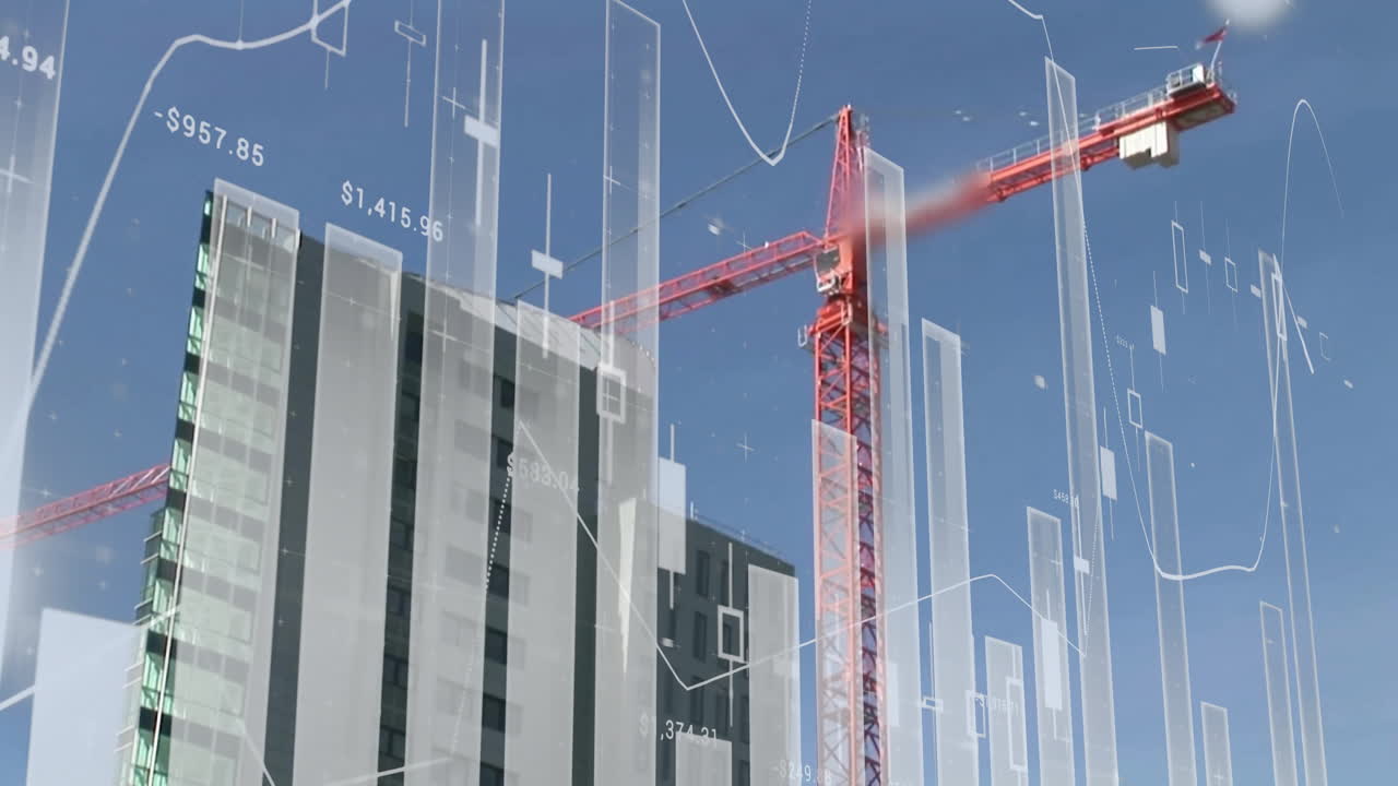 Construction site with crane and building, financial data processing animation over it