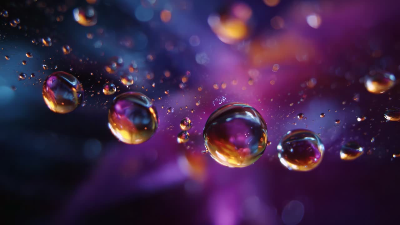 Captivating Close-Up of Colorful Water Droplets on a Dark Background Showcasing a Mesmerizing Blend of Light and Reflection in an Abstract Display of Nature's Beauty