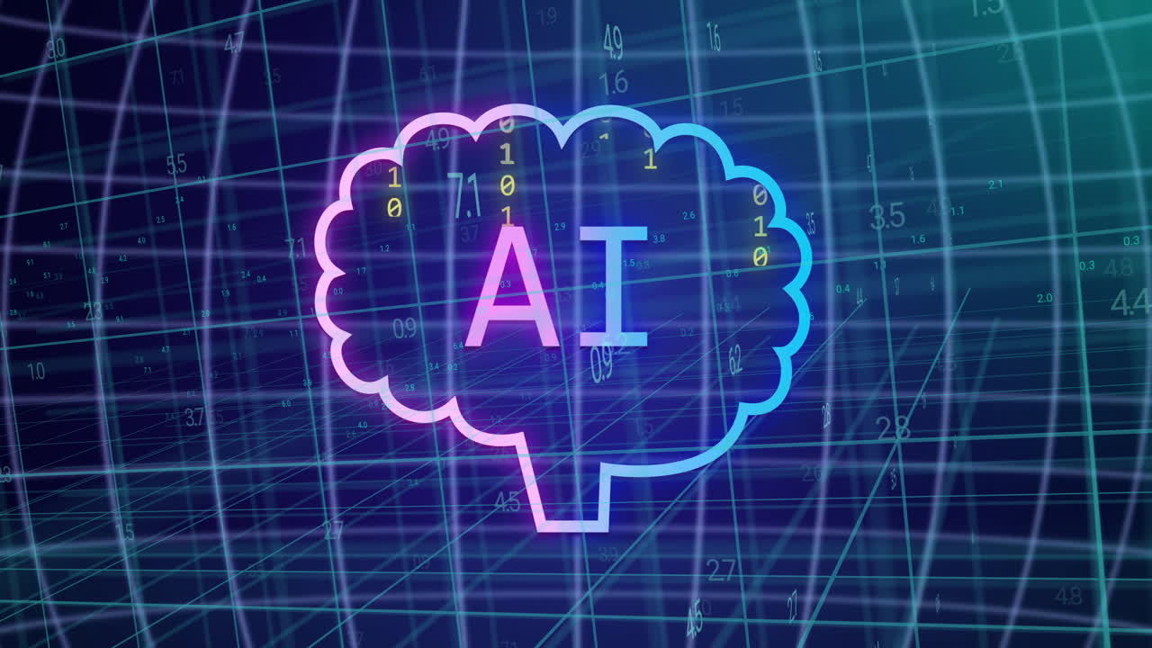 AI text inside brain shape over digital grid, animated background