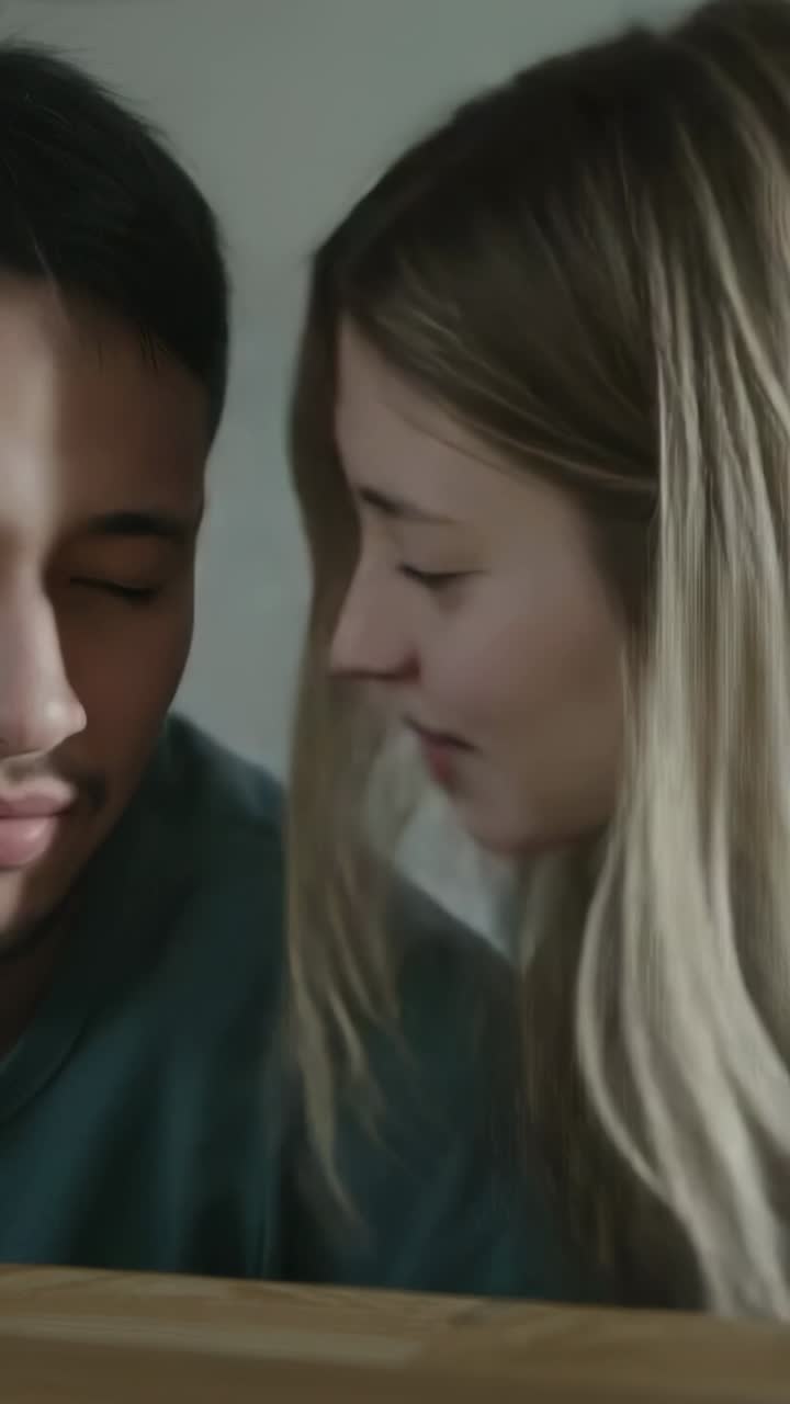 Vertical video: Raising head, woman touching man's shoulder, pair gazing on sofa in sweaters, close