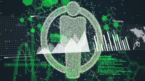 animación de iconos de personas, estadísticas y procesamiento de datos.
