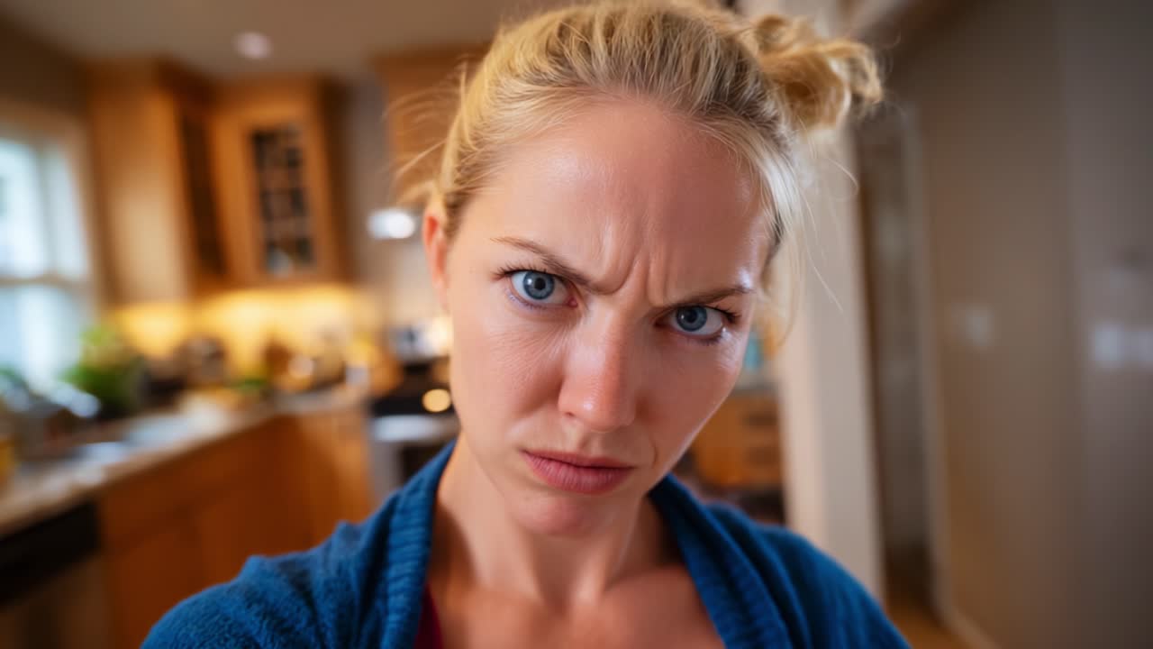 A woman displaying a serious expression, feeling frustration or concern while surrounded by a cozy kitchen environment, highlighting emotional tension in a domestic setting