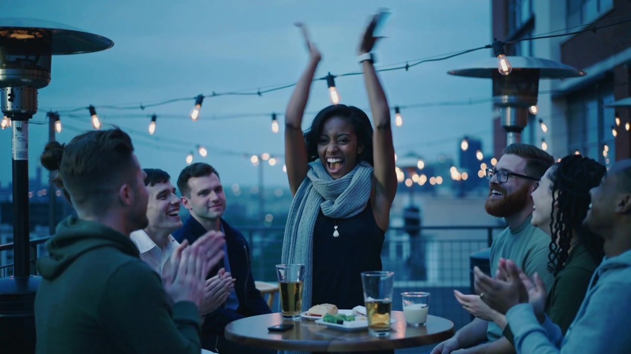 En stående kvinde med tørklæde og mørk top løfter armene og klapper på en tagterrasse, jubler med ølkrus.