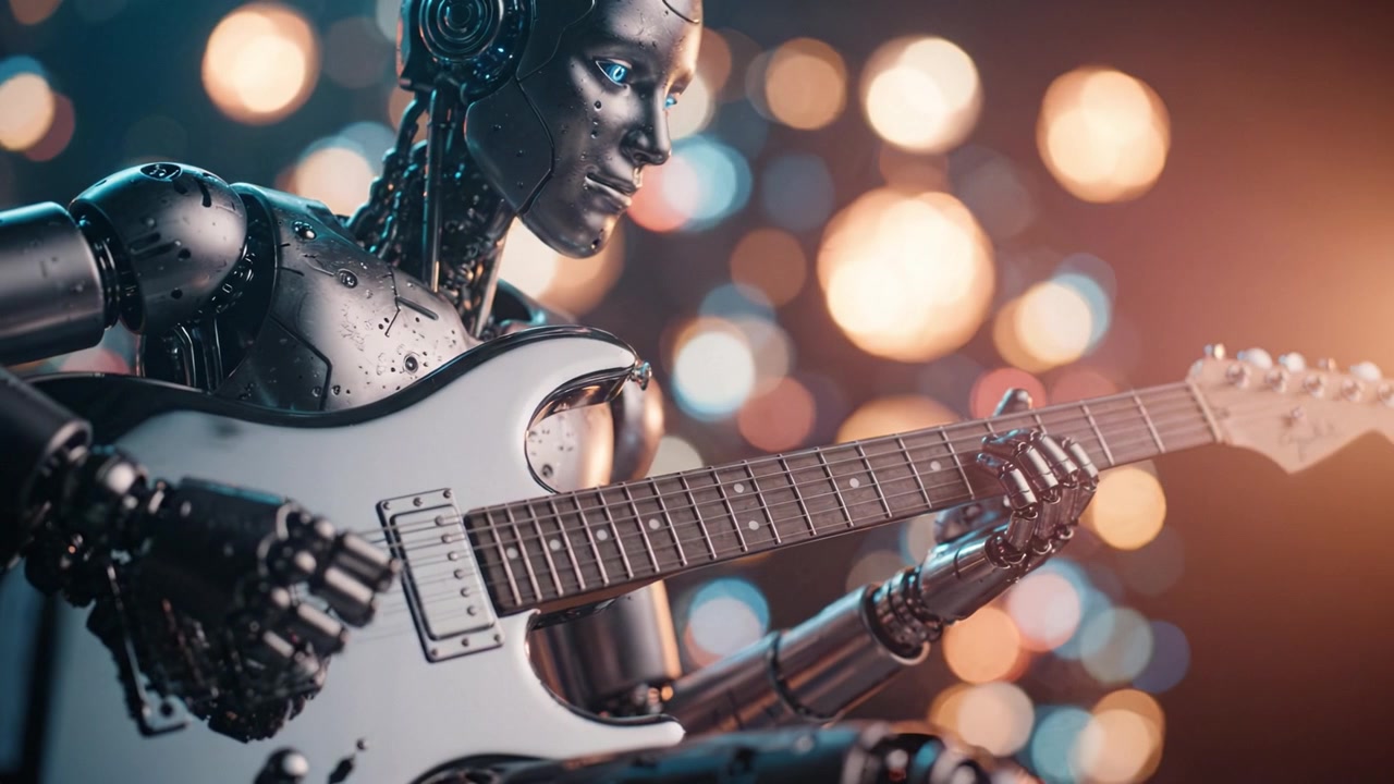 Un robot umanoide futuristico suona abilmente una chitarra elettrica con dettagli intricati, su uno sfondo sfocato di luci bokeh colorate, mostrando tecnologia avanzata
