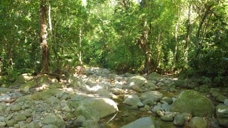 Follow-through-drone-shot-of-a-river-in-the-middle-of-a-lush-rainforest,-located-in-the-South-American-town-of-Minca,-in-Colombia