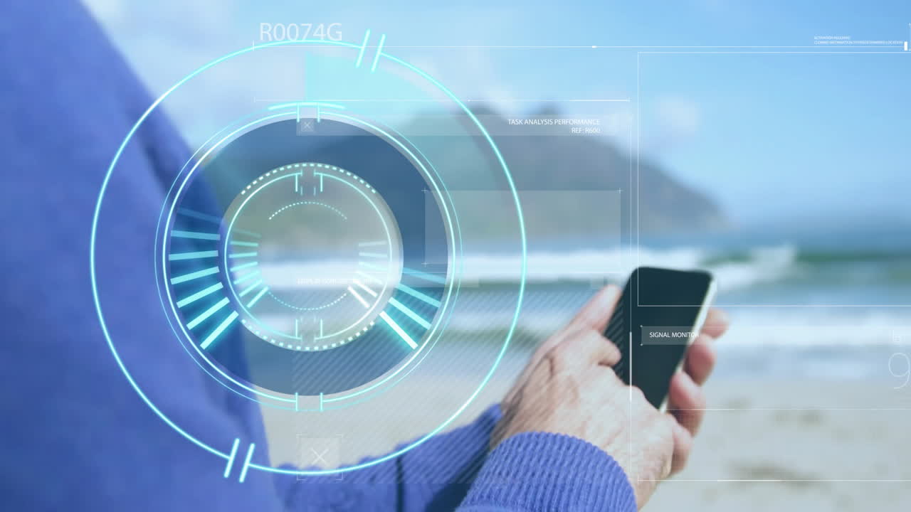 Person using smartphone with digital interface animation over beach background