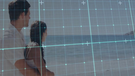 navigating beach with digital grid overlay, couple exploring animated map