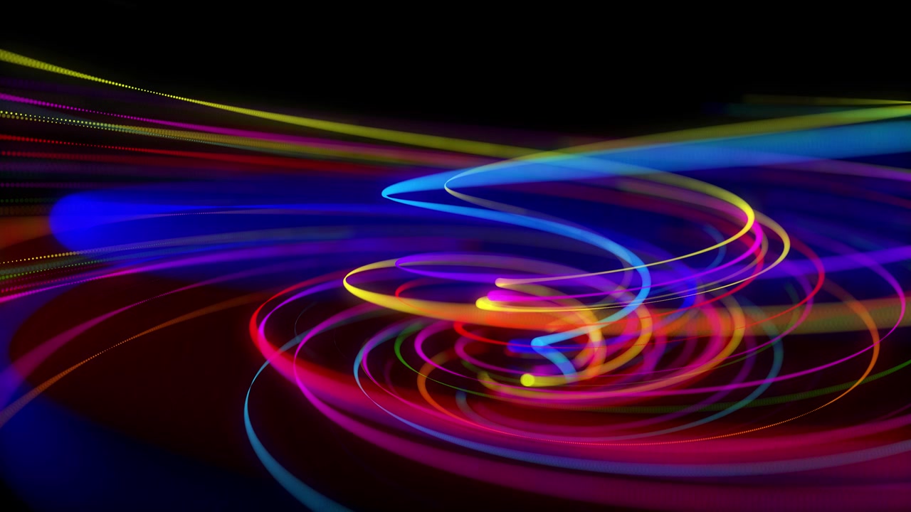 Stylové kreativní abstraktní pozadí ve 4k. Barevné čáry vířící ve spirále letí po vířivé dráze. Motion design pozadí částic tvořících čáry, šroubovice a abstraktní struktury. 3D render