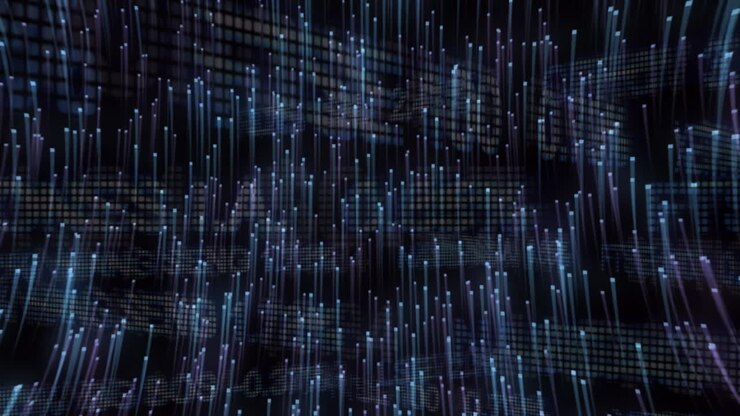 Animation of light trails over stock market on black background