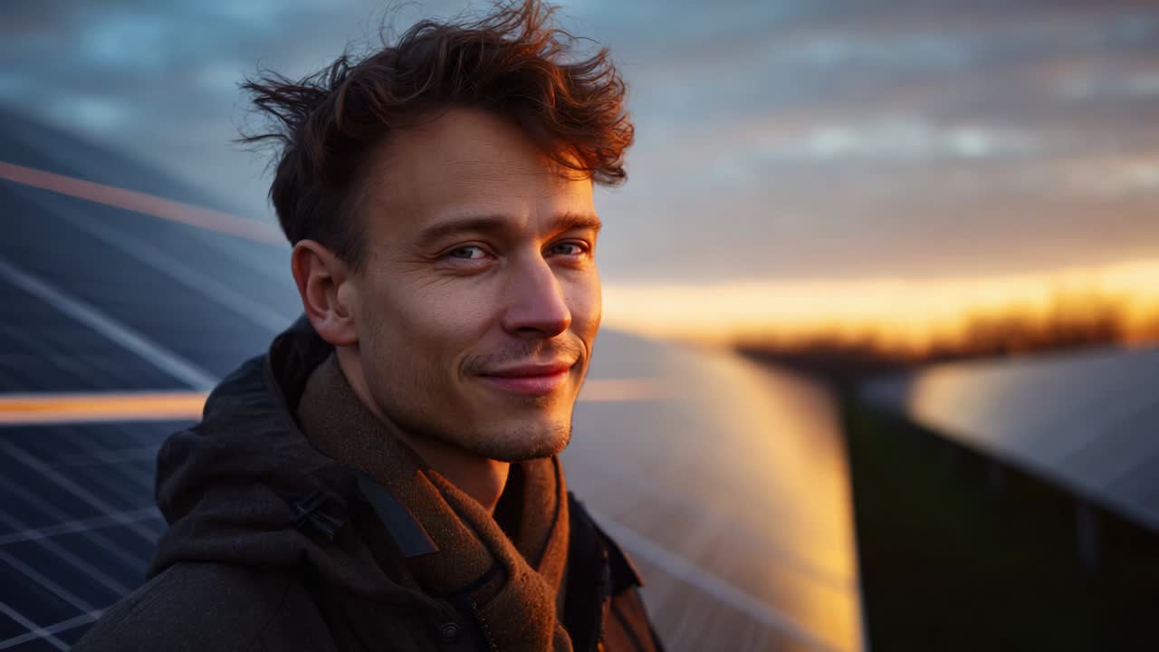 En person står selvsikkert foran en baggrund af solpaneler, der afspejler solopgangens bløde, gyldne nuancer, og formidler et budskab om bæredygtighed og optimisme for en lysere fremtid drevet af vedvarende energi.