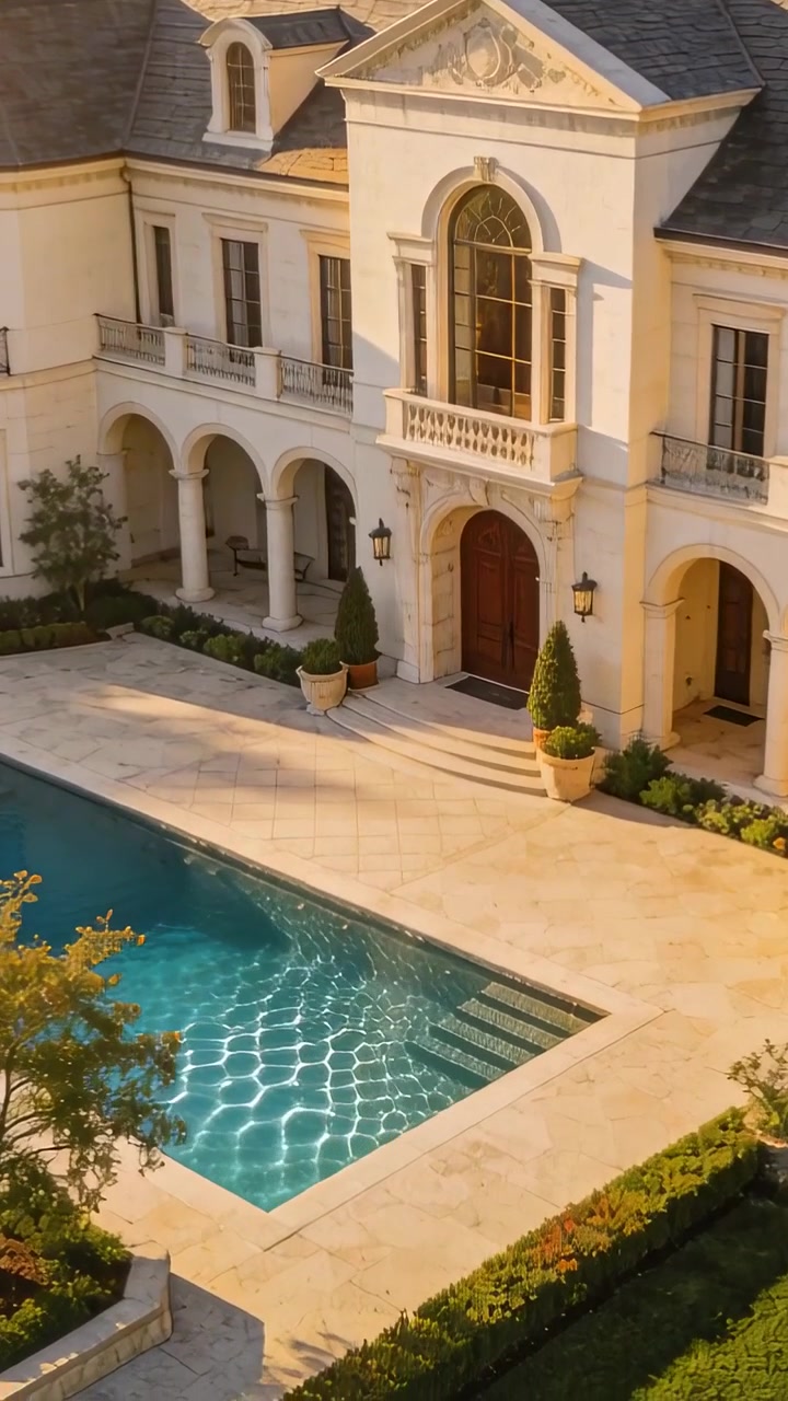 Video verticale: Telecamera che panoramica rivelando la facciata di una villa e la piscina nel cortile, enfatizzando la facciata.