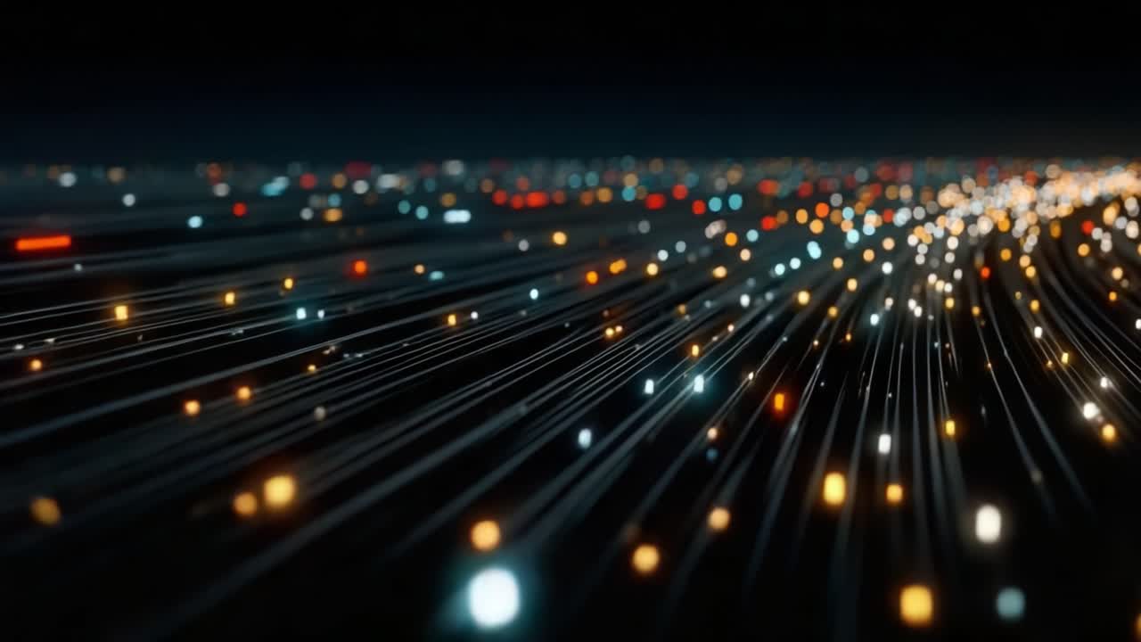 A Dynamic Visual Representation of Flowing Lights and Connecting Lines in a Futuristic Neural Network or Data Transmission Environment