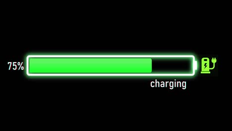 barra de progreso de carga eléctrica, indicador de batería de vehículo eléctrico o teléfono que muestra una carga creciente de la batería. el indicador de la batería muestra que se llena hasta el 100%.