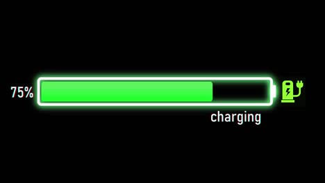 electric charging progress bar, electric vehicle or phone battery indicator showing an increasing battery charge. the battery indicator shows it fills up to 100%.