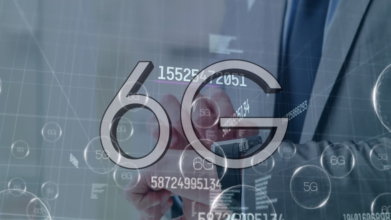 6g 및 5g 텍스트의 애니메이션 백인 사업가 스마트 워치를 확인하는 숫자와 함께