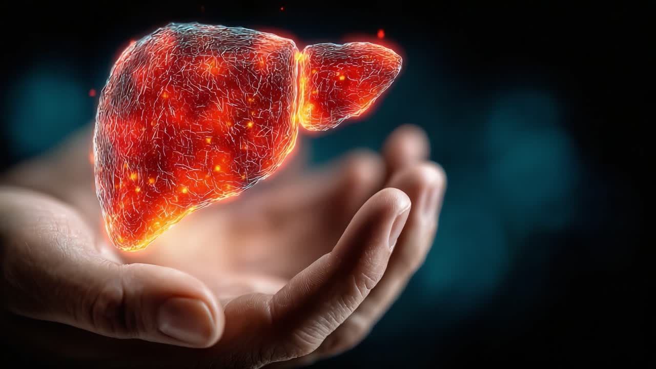 Una rappresentazione artistica di un fegato luminoso tenuto in una mano, che simboleggia salute e vitalità nel corpo umano, mettendo in mostra trame intricate e il flusso di energia.