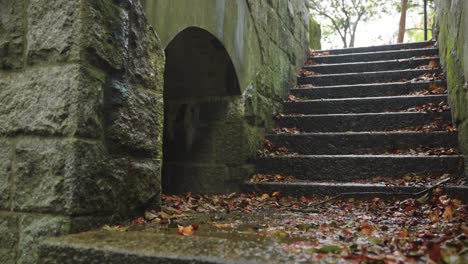 abandoned staircase and mossy ruins of peak of etajima island artillery battery