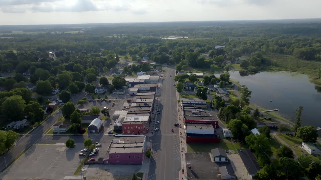Downtown Lakeview, Michigan with drone video moving up