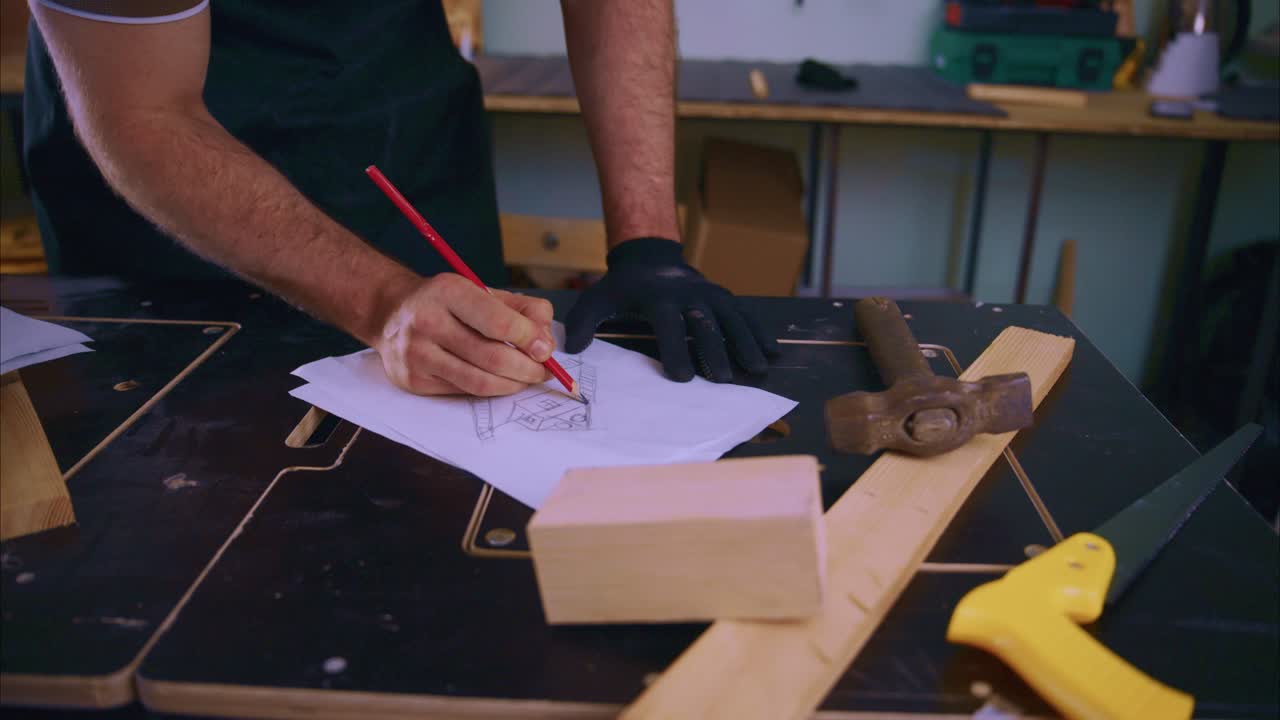 Carpenter's Hands Drawing a House Sketch on a Workbench