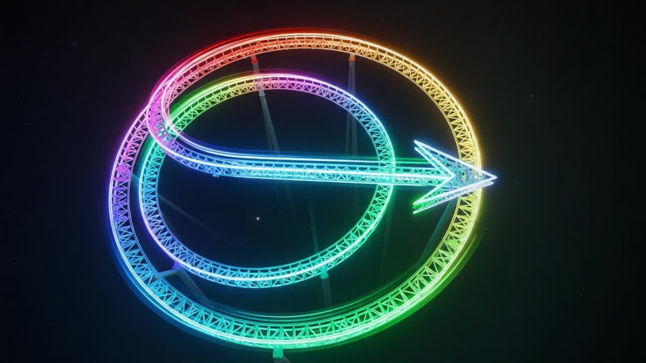 A Vibrant Display of Neon Lights: Spectacular Circular Patterns with Brilliant Arrows and Rainbow Hues Illuminating the Night Sky