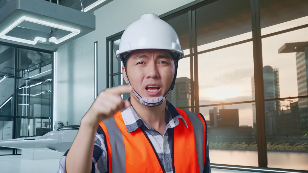 안전 헬을 입은 분노한 아시아 남성 엔지니어가 무인기 프로젝트에 서서 누군가에게 소리치고 있습니다.