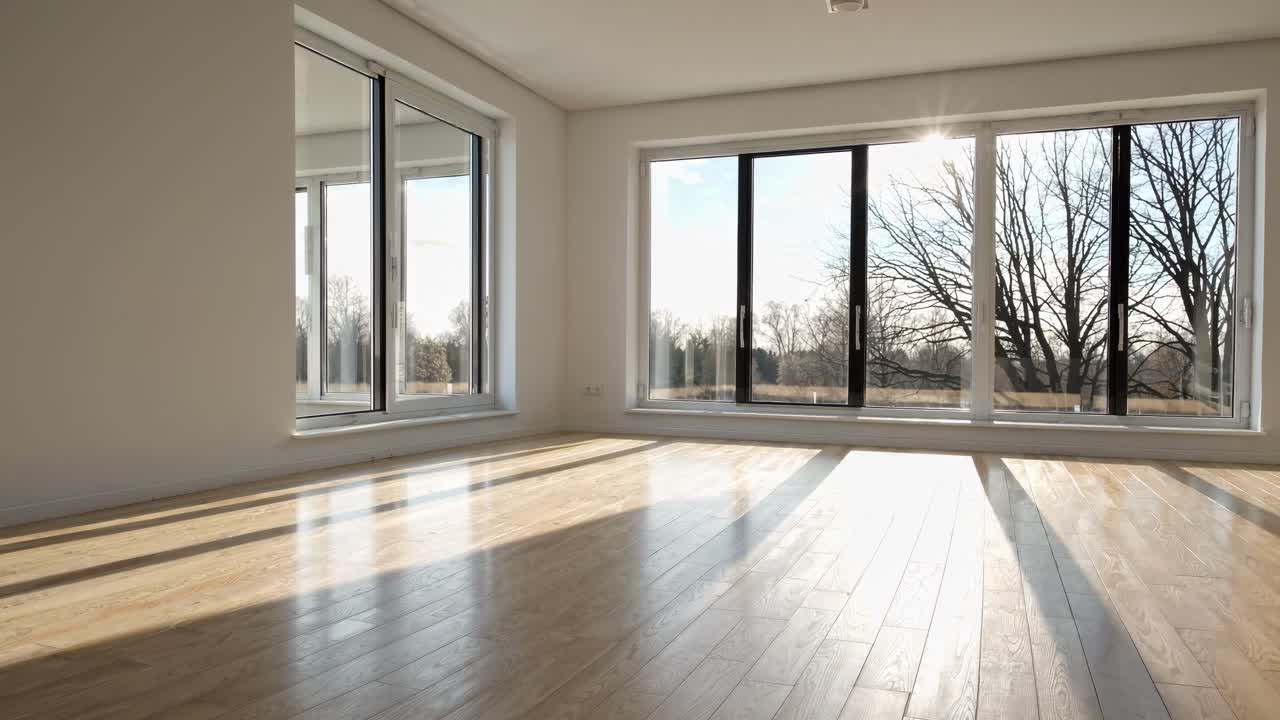 Wide-angle view of a sunlit, minimalist empty room with wooden floors and large windows