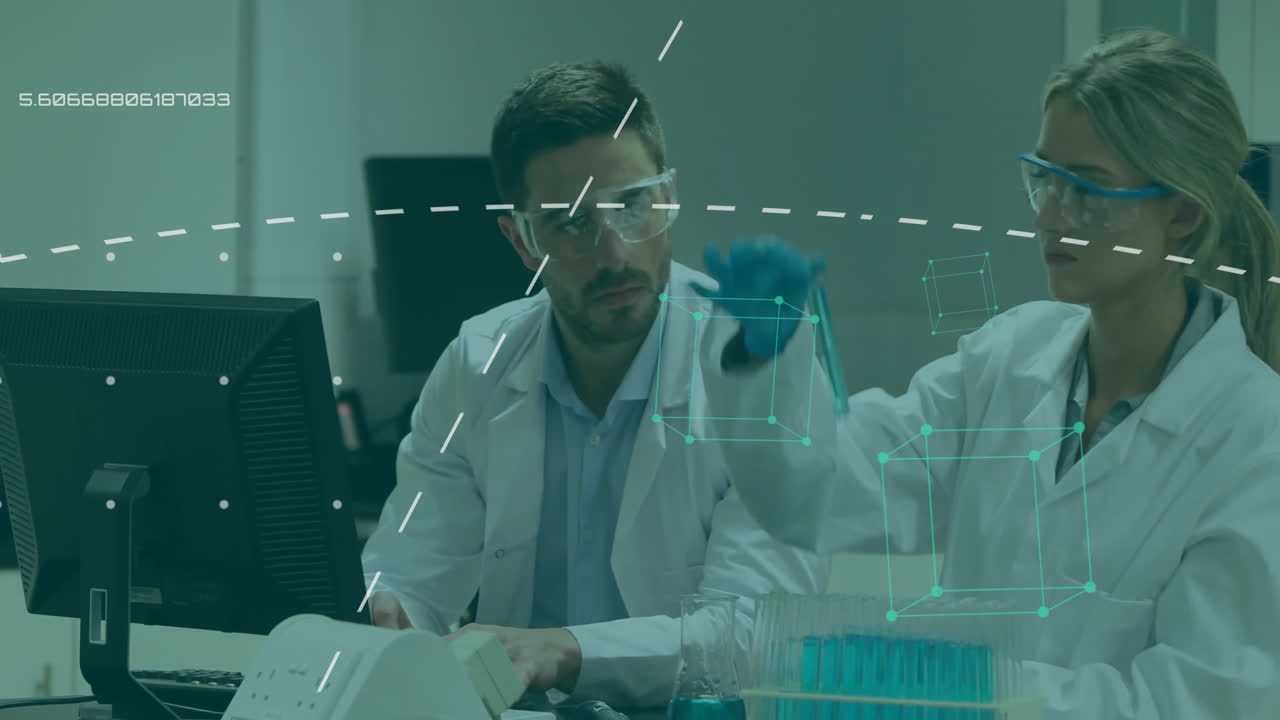 animación del procesamiento de datos sobre científicos caucásicos que examinan el tubo de ensayo