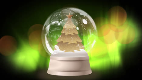 Animation-of-snow-globe-with-christmas-tree-over-glowing-multi-coloured-spots