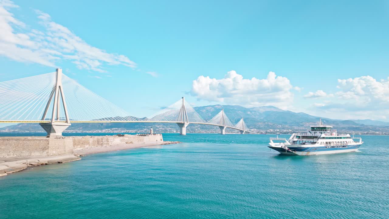 Rio-Antirrio ferry boat and bridge crossing the Gulf of Corinth