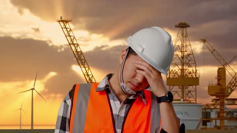 ingeniero estresado en una plataforma petrolera
