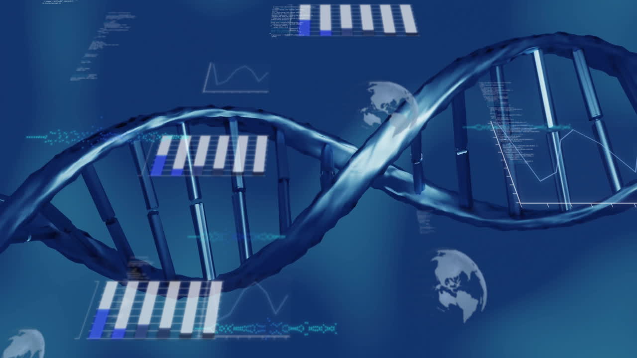 Animation of scientific data processing over dna strand spinning