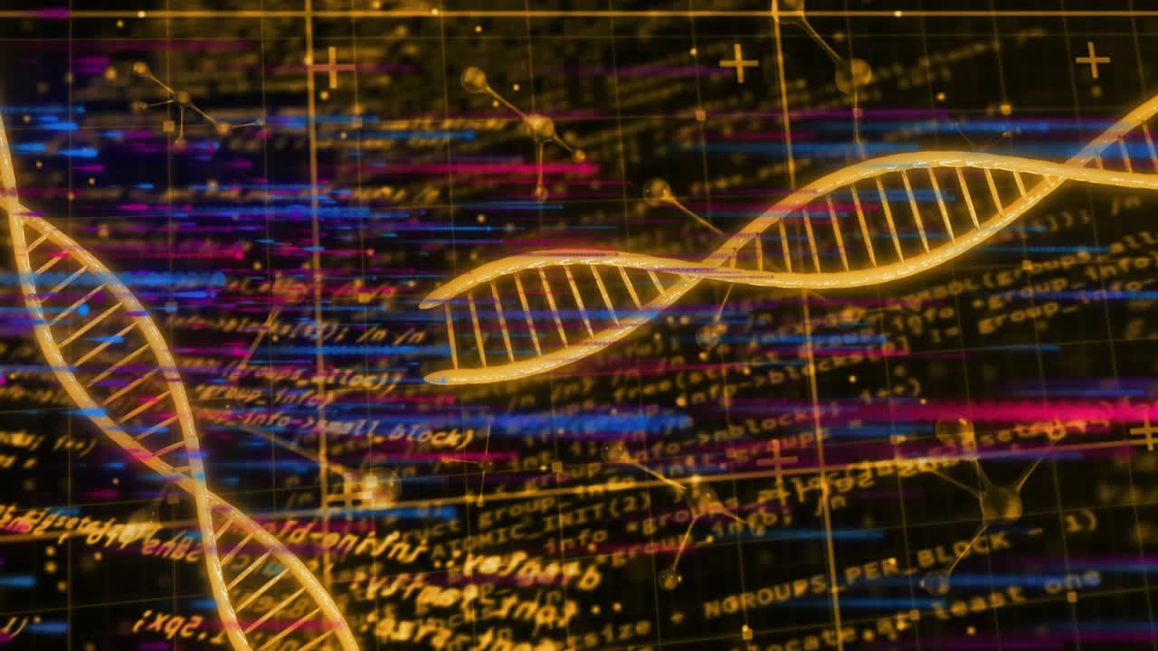 Helices entering from sides initiating golden DNA ribbon drifting waving linking nodes showing data