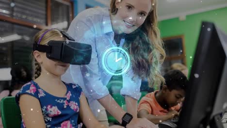 Animation-of-clock-scan-scope-over-caucasian-female-teacher-with-pupil-using-vr-headset