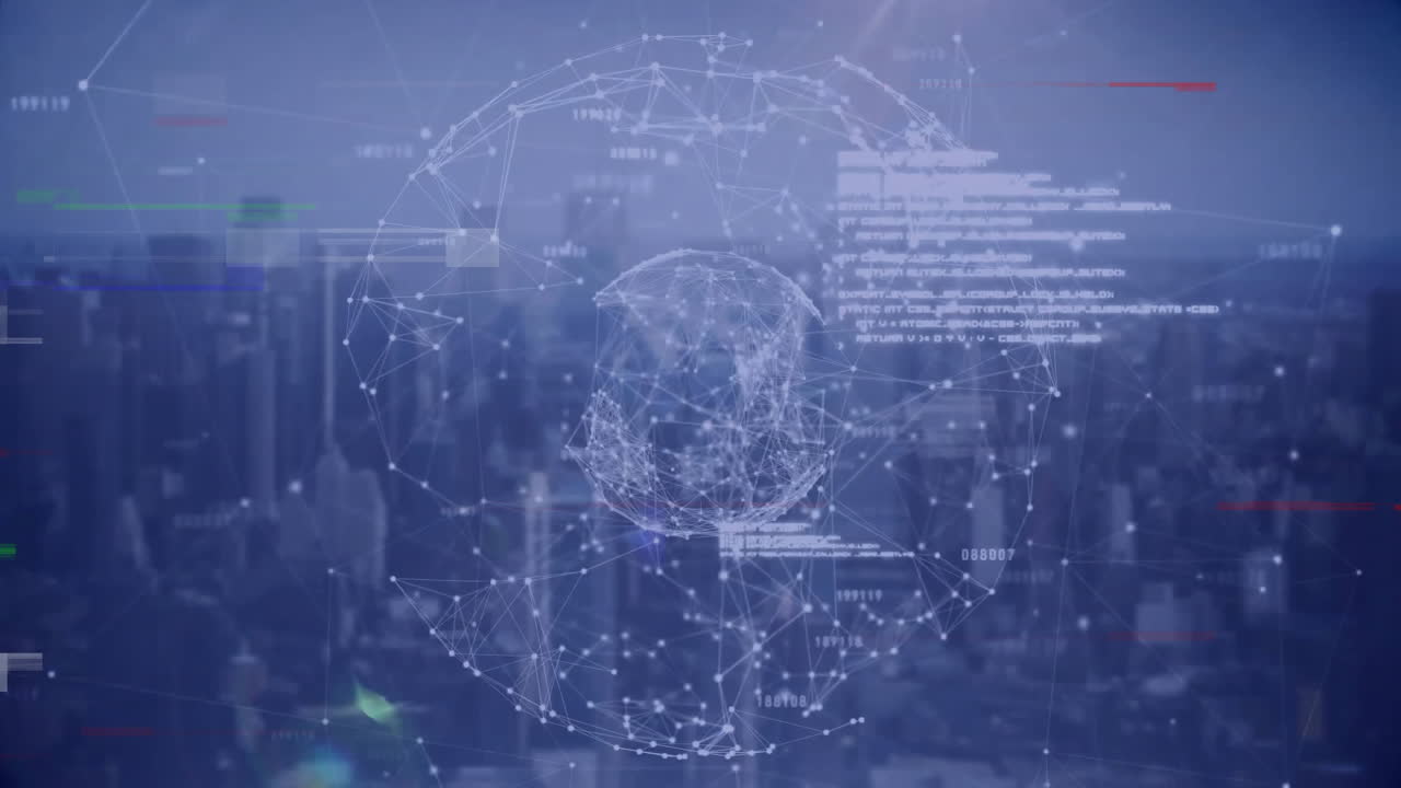 도시 풍경 배경에 대한 연결 네트워크 및 데이터 처리 애니메이션