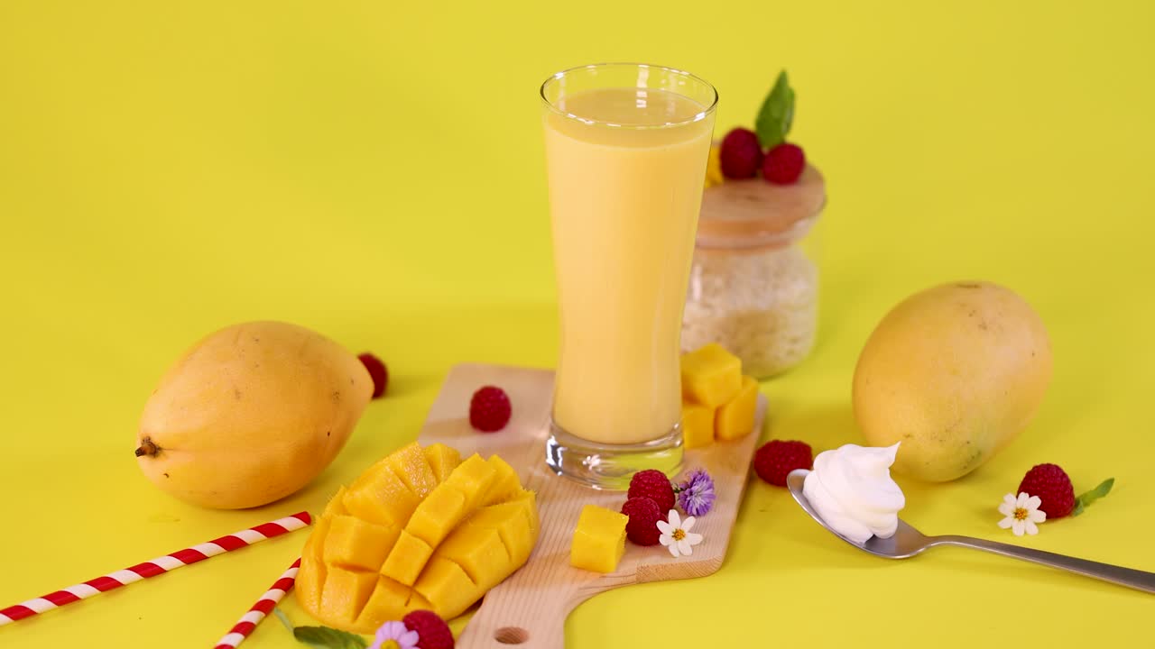 Hand reaches for mango smoothie beside fresh fruit, cubes, raspberries, and flowers, bright lighting