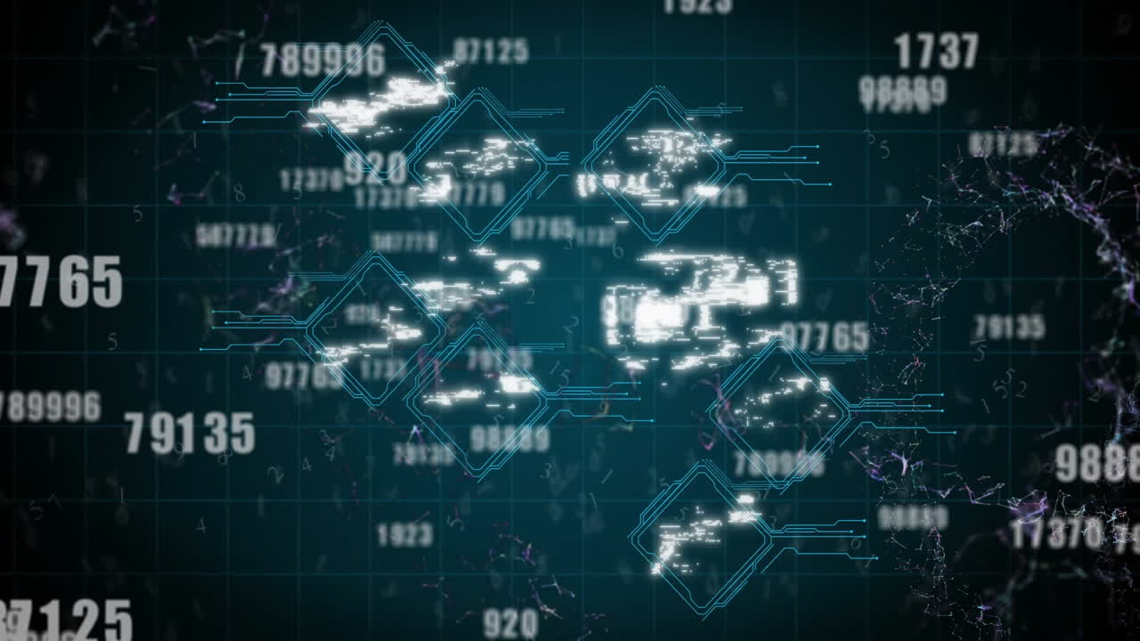 Digital security icons and data processing animation over dark grid background