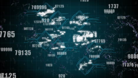 digital security icons and data processing animation over dark grid background